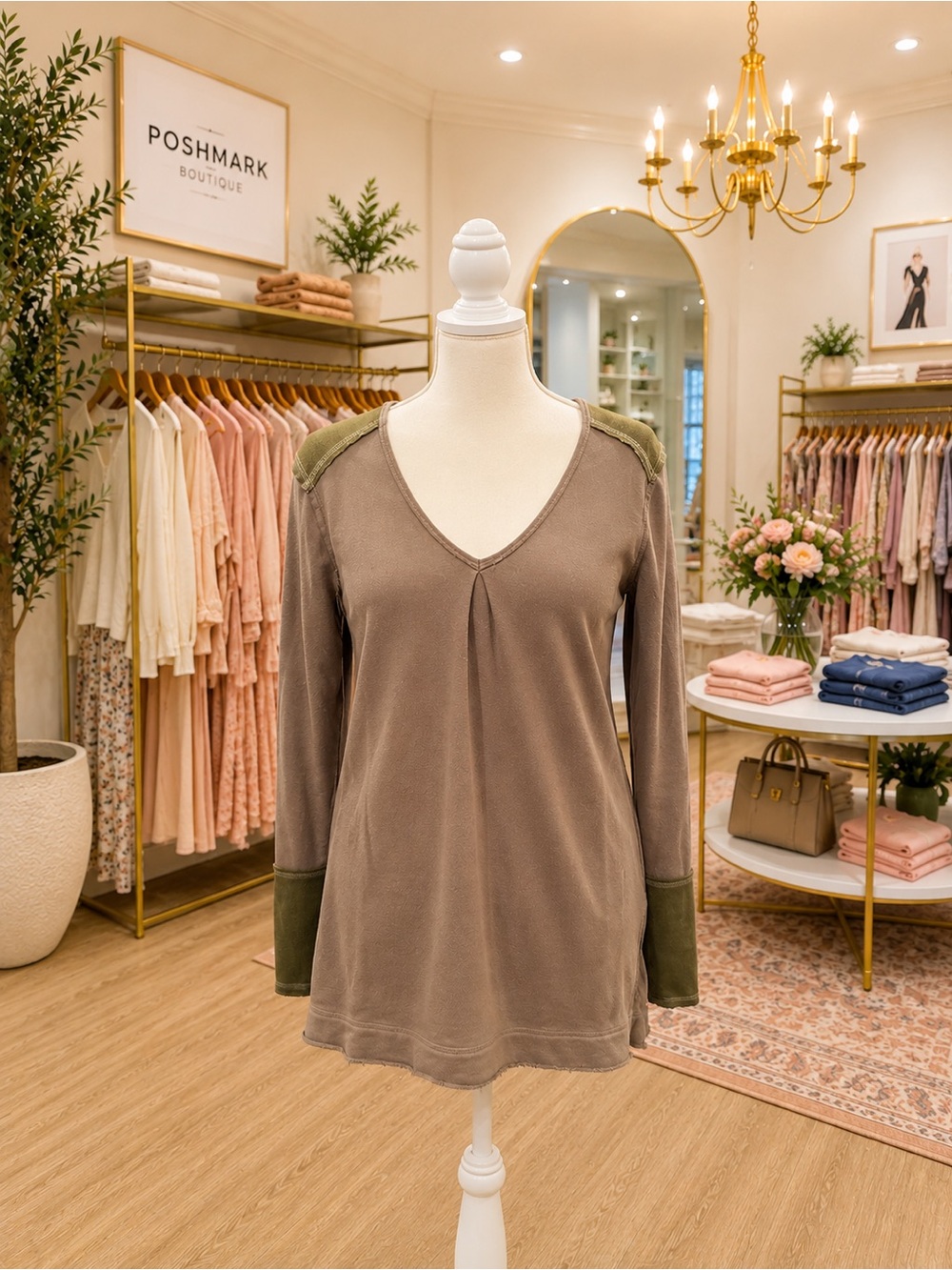 Umgee Medium Olive Brown Distressed Hem Tunic Top Boho Long Sleeve Oversized